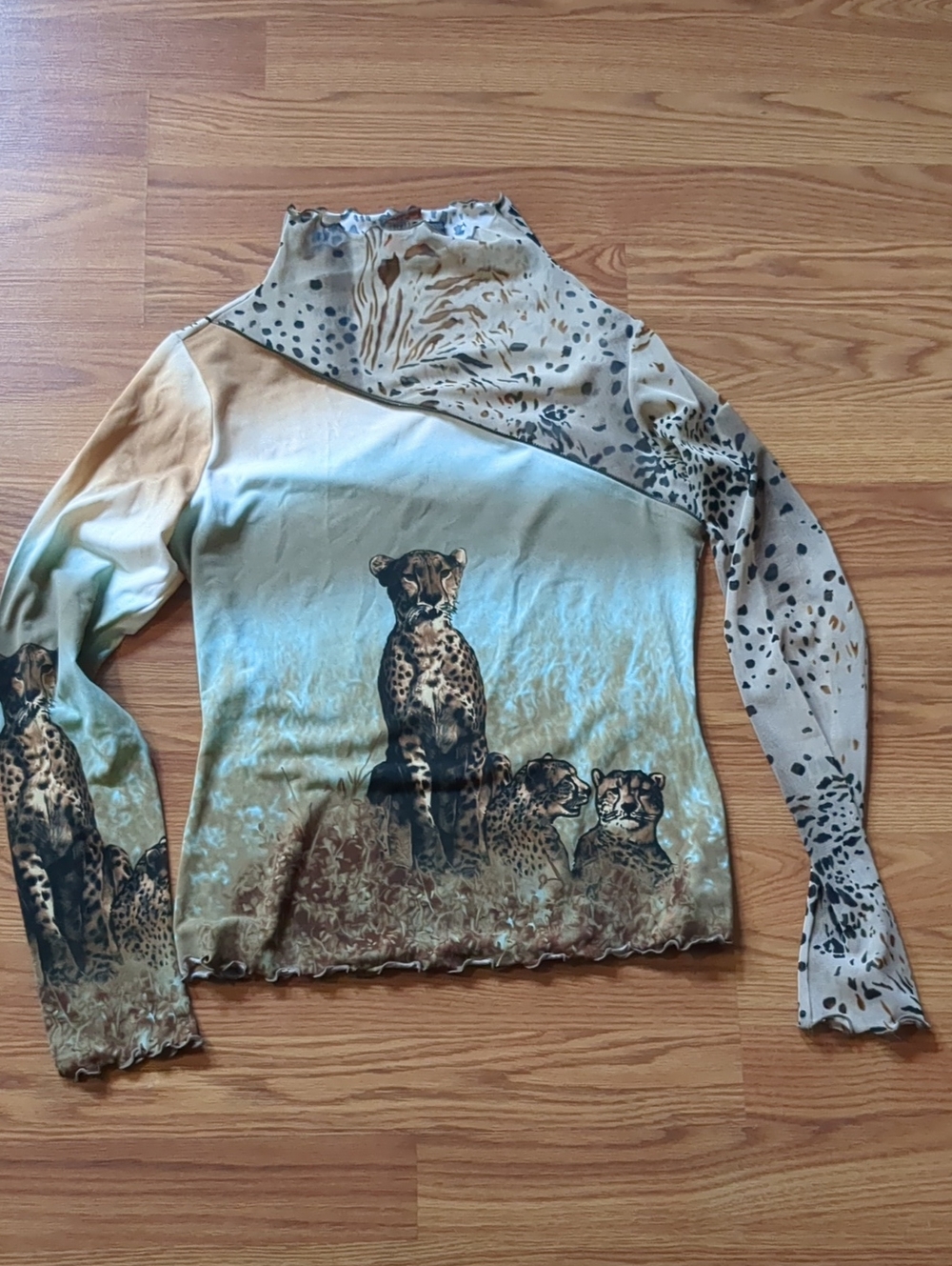 ANAC Sheer Mesh Cheetah Portrait Top Mock Neck Lettuce Edge Long Sleeve M